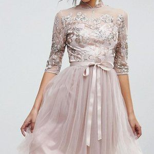 Chi Chi London High Neck Tulle Midi Dress With Cut Out Back US12